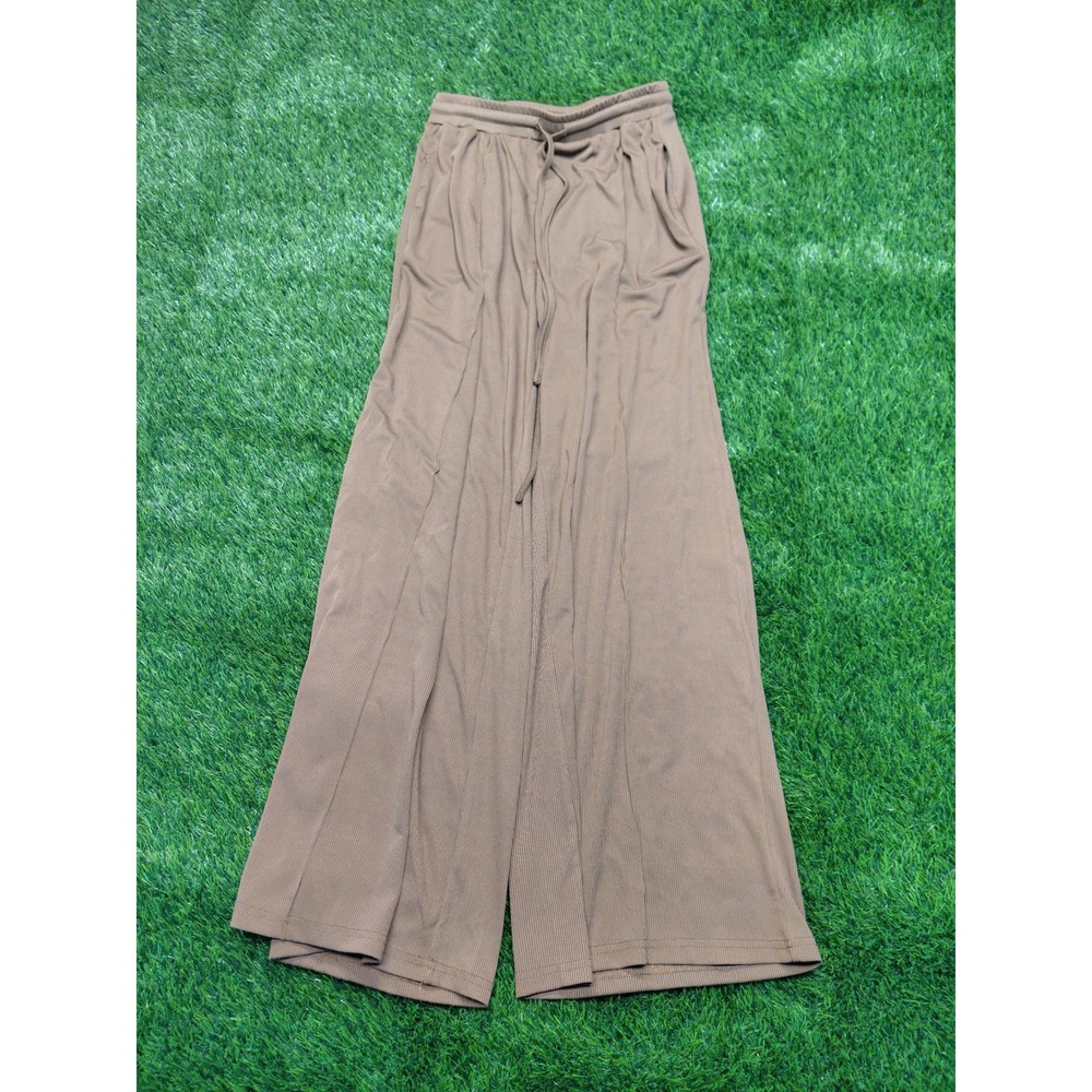 YOZY Wide Leg Pants Womens Medium Brown Ribbed Knit Palazzo Stretch Lounge